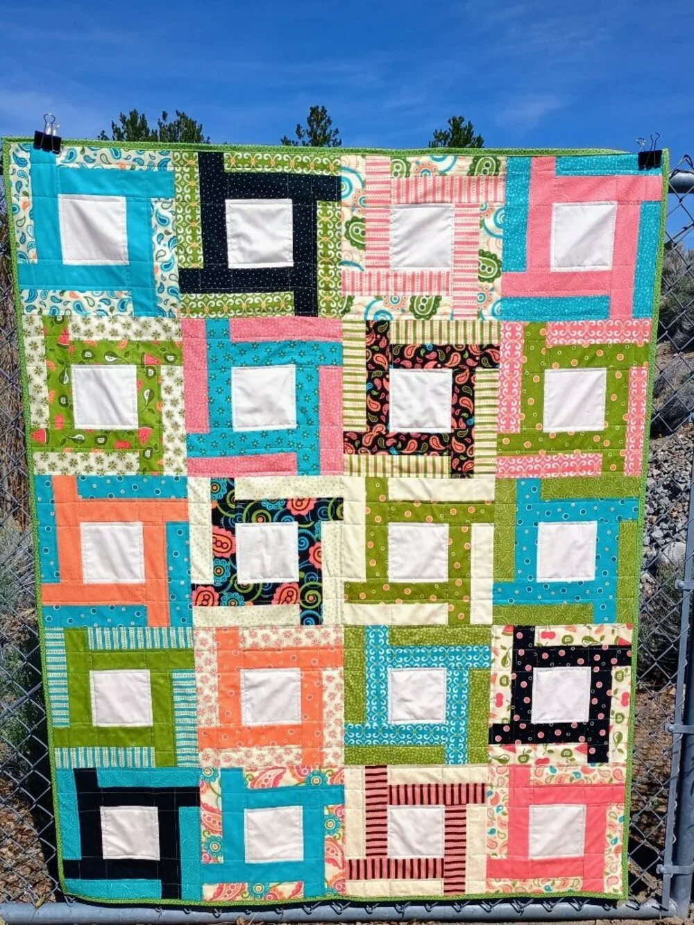 MODERN COLORFUL LAP QUILT, BLACK, TURQUOISE, CORAL, AQUA, GREEN